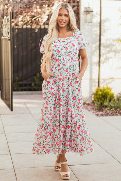 Pink Floral Puff Sleeve Square Neck Empire Waist Maxi Dress - Love Salve 