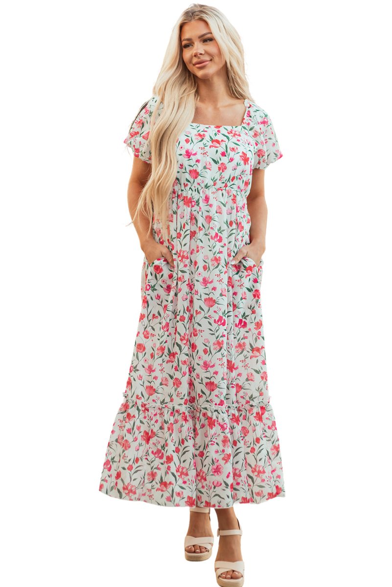 Pink Floral Puff Sleeve Square Neck Empire Waist Maxi Dress - Love Salve 