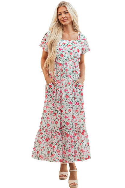 Pink Floral Puff Sleeve Square Neck Empire Waist Maxi Dress - Love Salve 