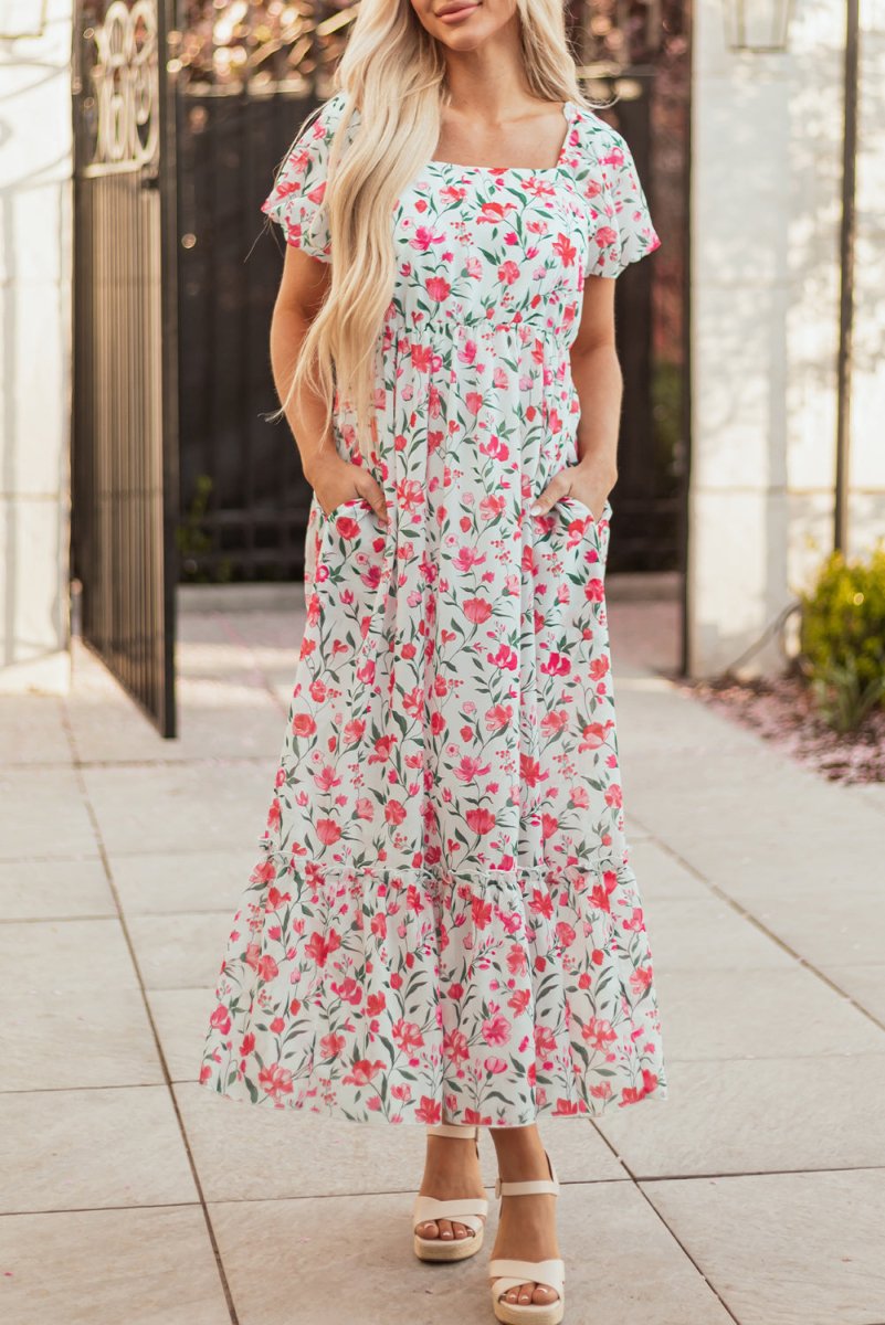 Pink Floral Puff Sleeve Square Neck Empire Waist Maxi Dress - Love Salve 