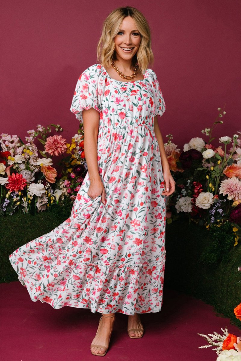 Pink Floral Puff Sleeve Square Neck Empire Waist Maxi Dress - Love Salve 