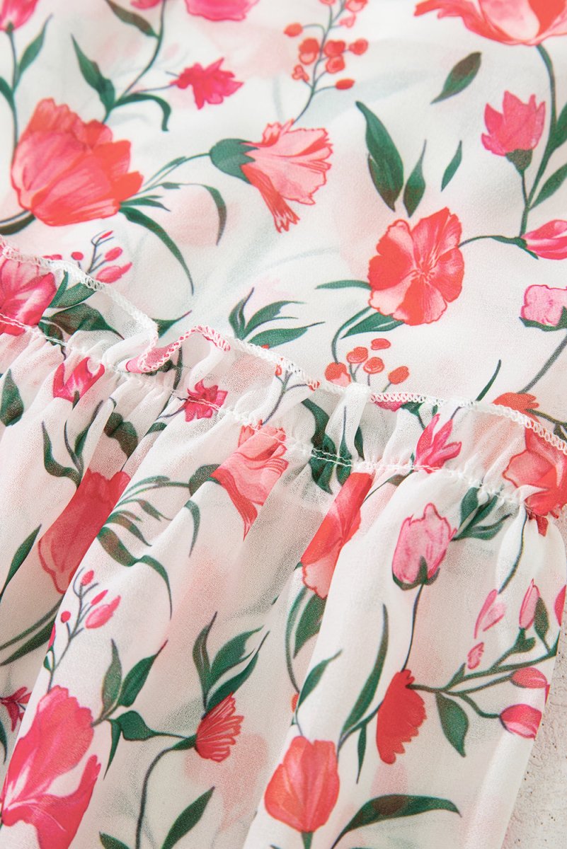 Pink Floral Puff Sleeve Square Neck Empire Waist Maxi Dress - Love Salve 