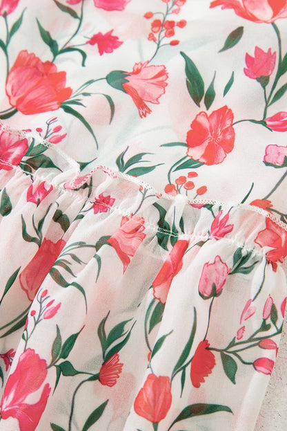 Pink Floral Puff Sleeve Square Neck Empire Waist Maxi Dress - Love Salve 