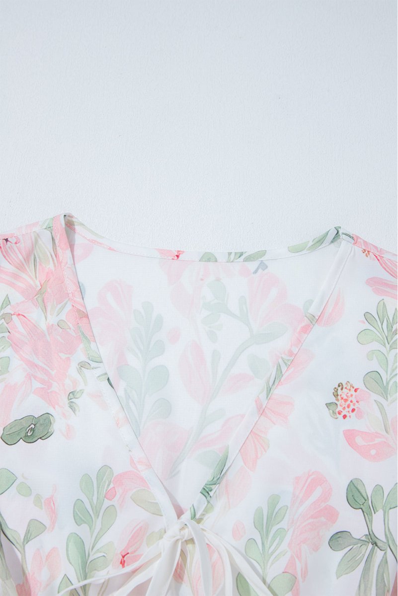 Pink Floral Puff Sleeve V Neck Tied Front Peplum Blouse - Love Salve 