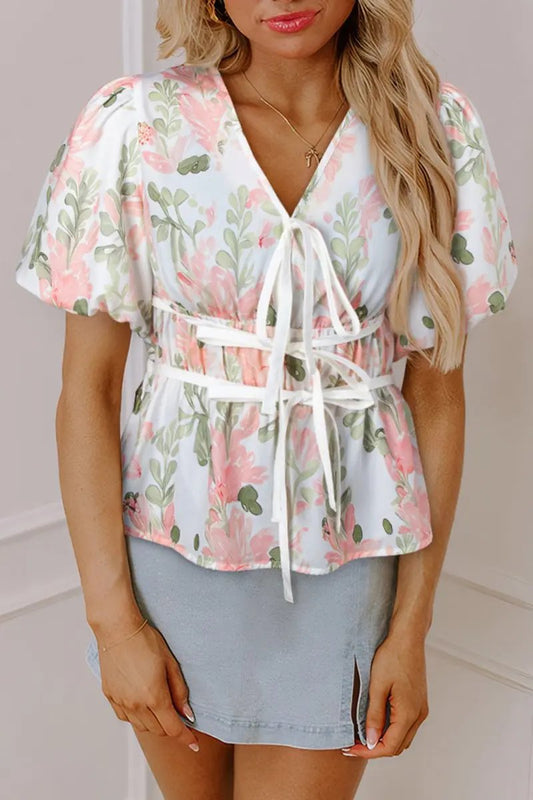 Pink Floral Puff Sleeve V Neck Tied Front Peplum Blouse - Love Salve 