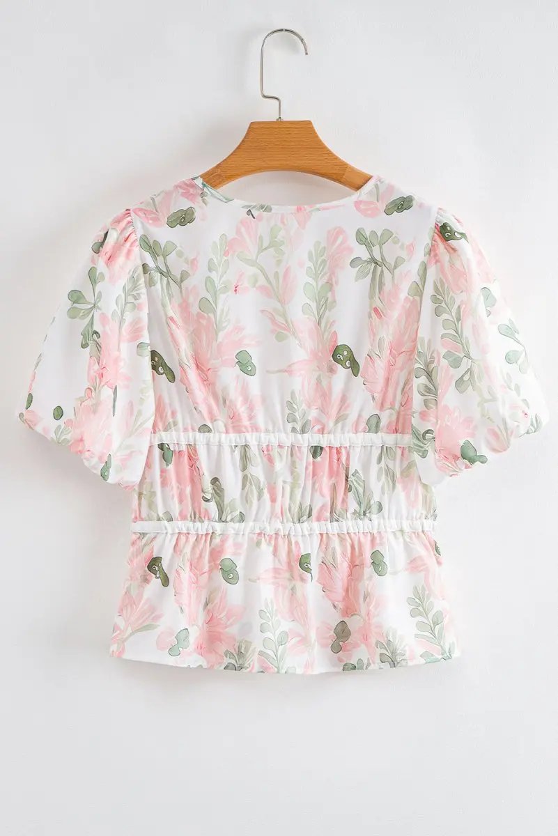 Pink Floral Puff Sleeve V Neck Tied Front Peplum Blouse - Love Salve 