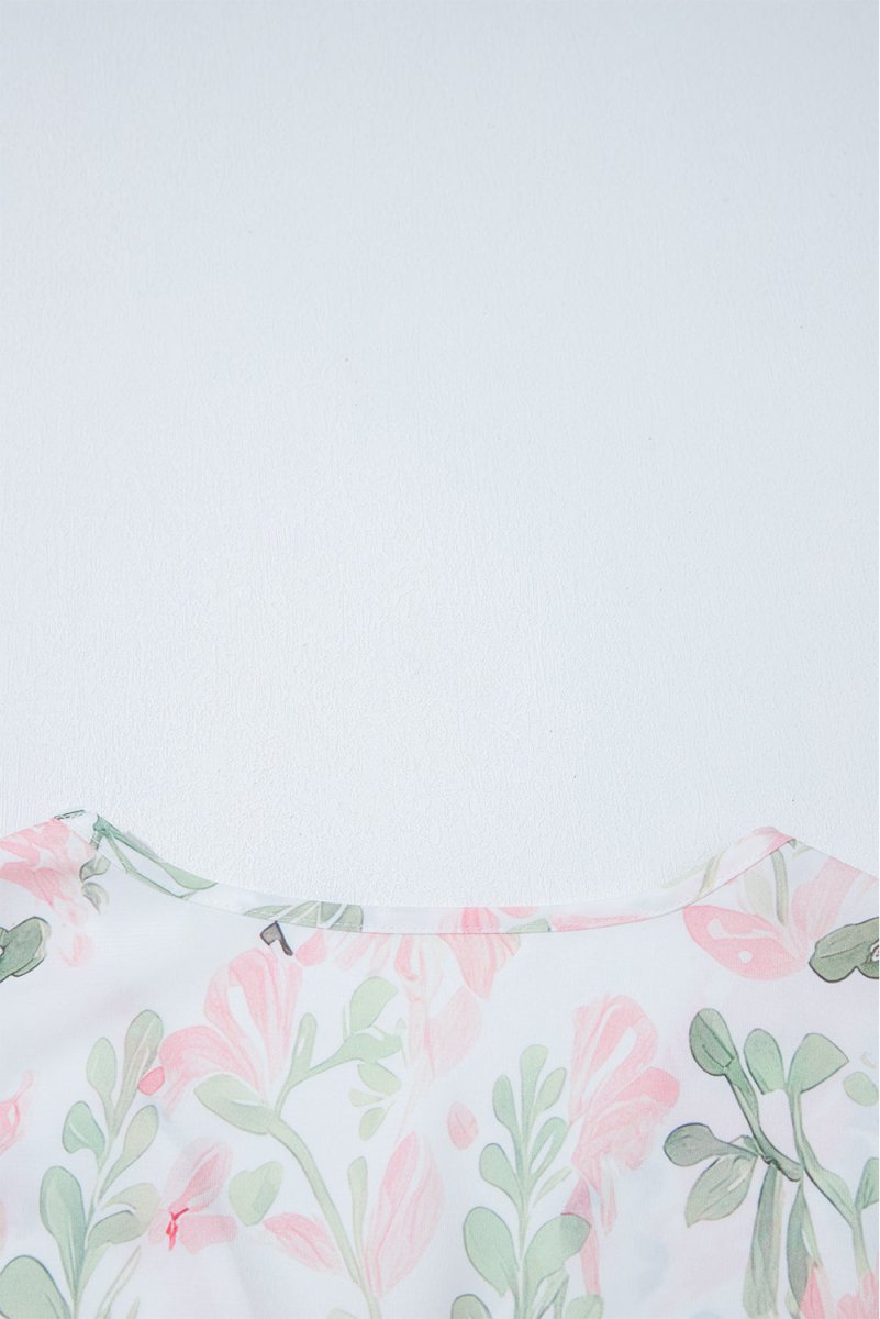 Pink Floral Puff Sleeve V Neck Tied Front Peplum Blouse - Love Salve 