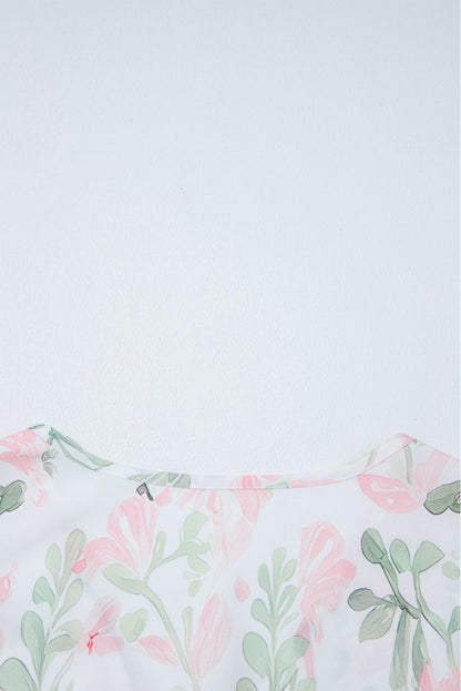 Pink Floral Puff Sleeve V Neck Tied Front Peplum Blouse - Love Salve 