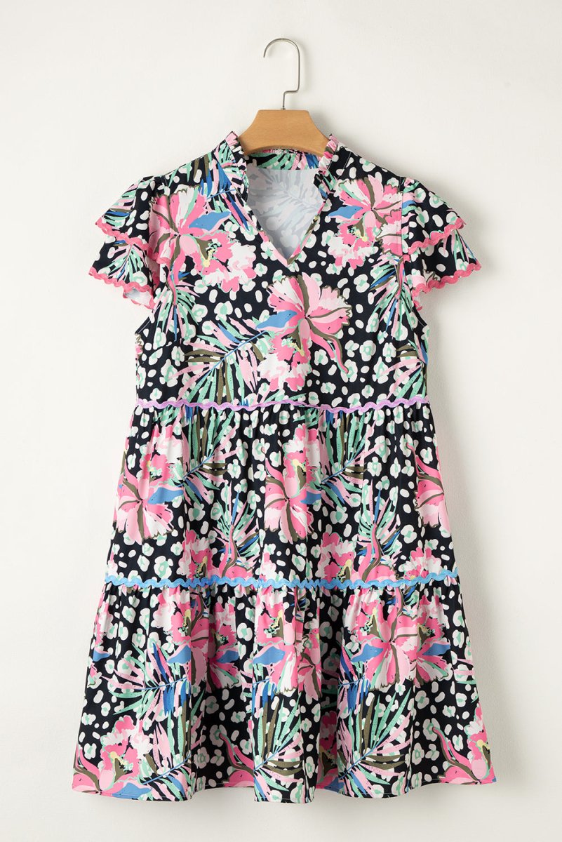 Pink Floral Ricrac Embellished Tiered Mini Dress for Women - Love Salve 