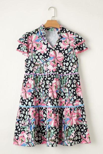 Pink Floral Ricrac Embellished Tiered Mini Dress for Women - Love Salve 