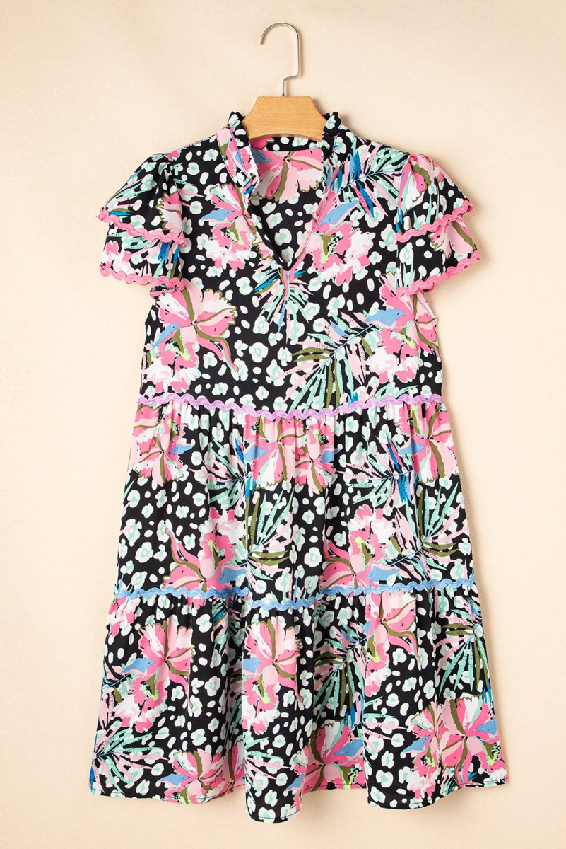 Pink Floral Ricrac Embellished Tiered Mini Dress for Women - Love Salve 