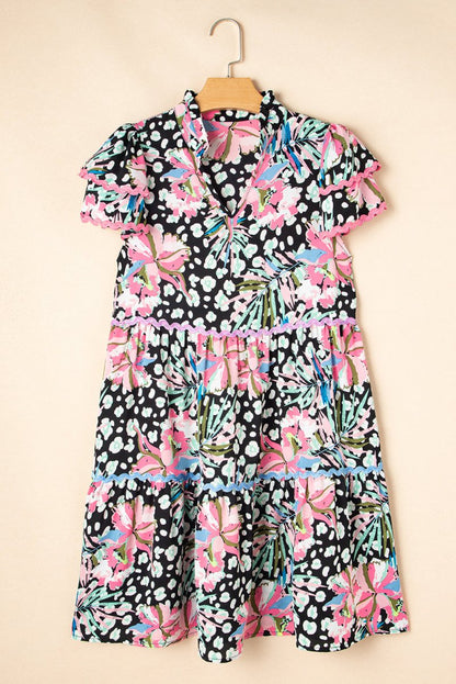 Pink Floral Ricrac Embellished Tiered Mini Dress for Women - Love Salve 