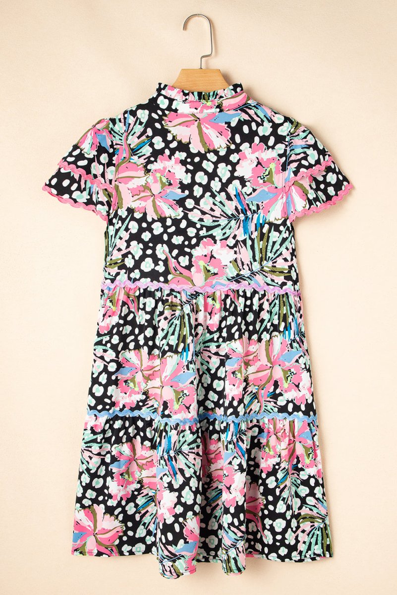 Pink Floral Ricrac Embellished Tiered Mini Dress for Women - Love Salve 