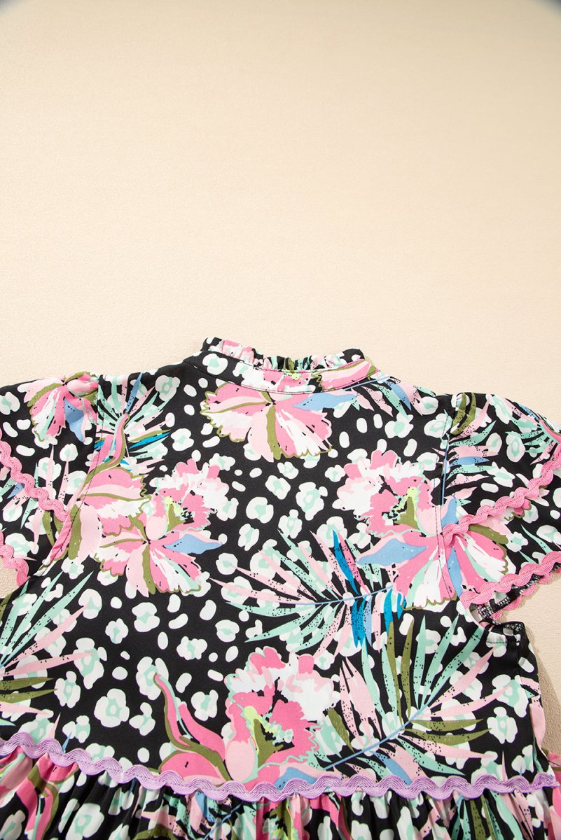 Pink Floral Ricrac Embellished Tiered Mini Dress for Women - Love Salve 