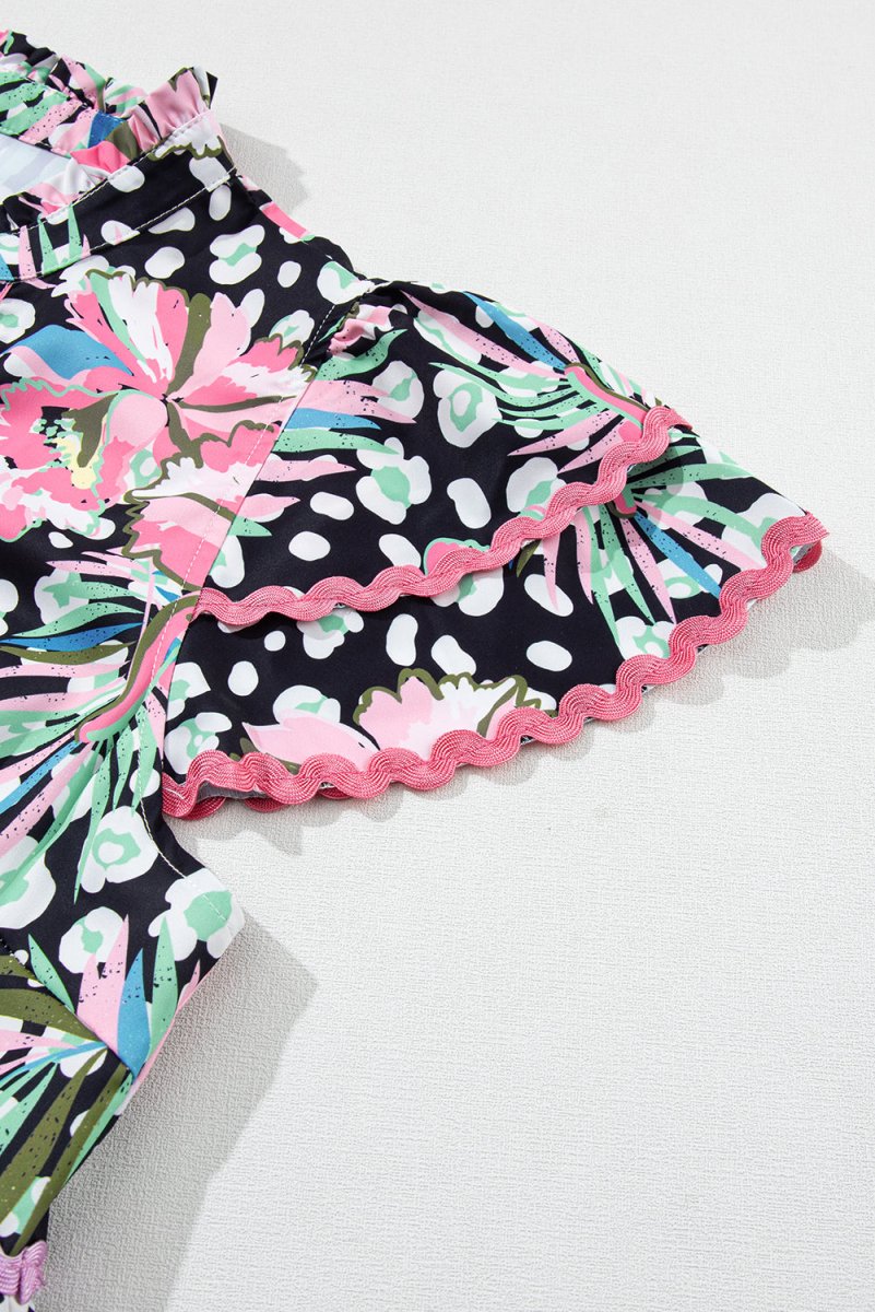 Pink Floral Ricrac Embellished Tiered Mini Dress for Women - Love Salve 