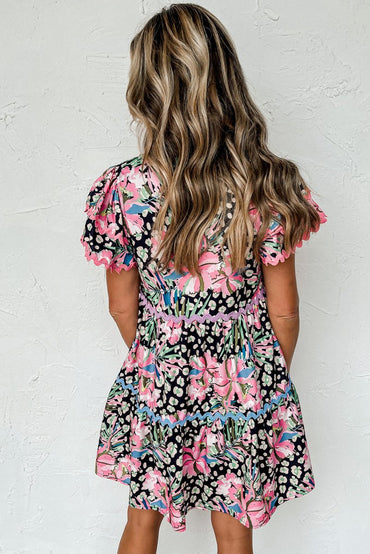 Pink Floral Ricrac Embellished Tiered Mini Dress for Women - Love Salve 