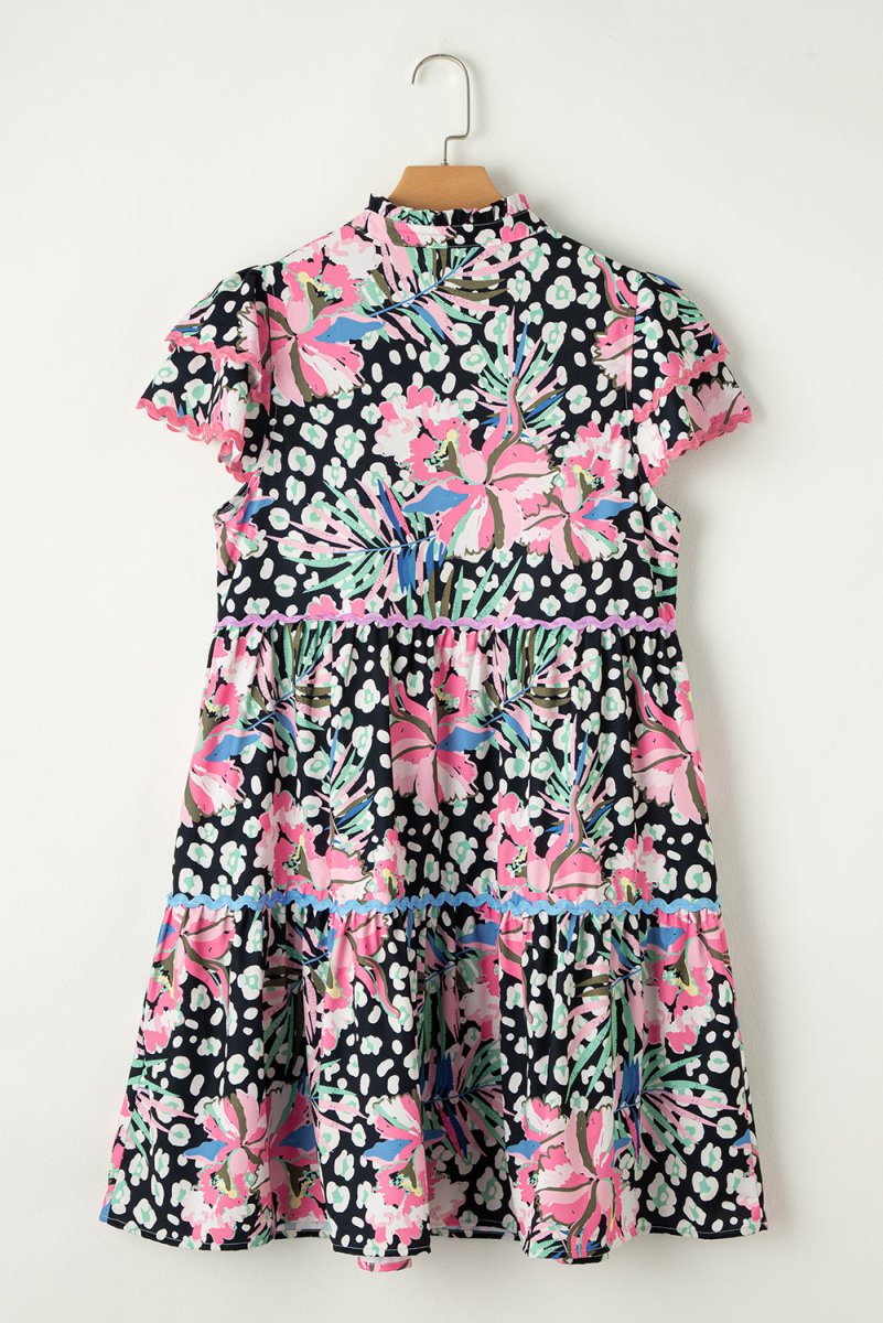 Pink Floral Ricrac Embellished Tiered Mini Dress for Women - Love Salve 