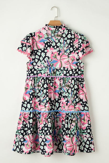 Pink Floral Ricrac Embellished Tiered Mini Dress for Women - Love Salve 