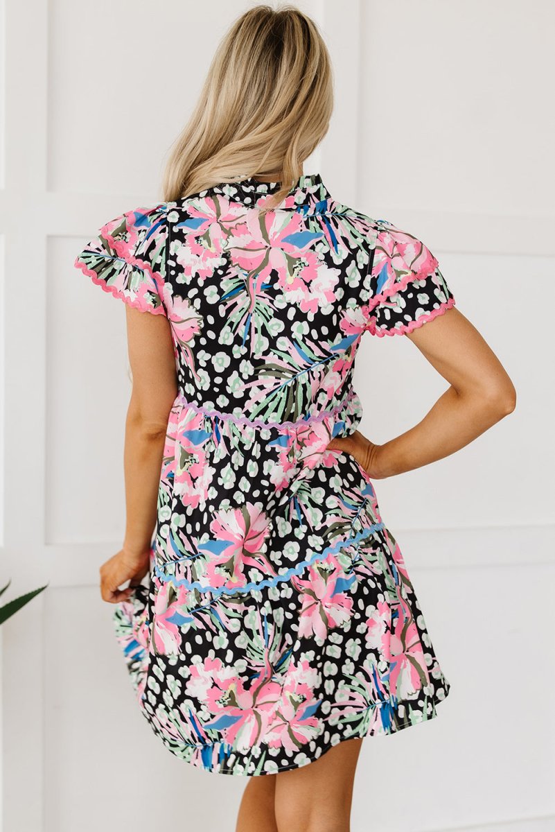 Pink Floral Ricrac Embellished Tiered Mini Dress for Women - Love Salve 