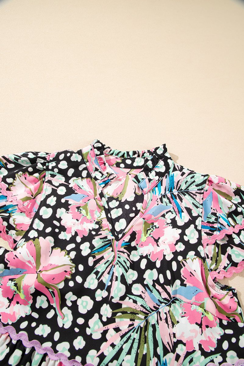 Pink Floral Ricrac Embellished Tiered Mini Dress for Women - Love Salve 