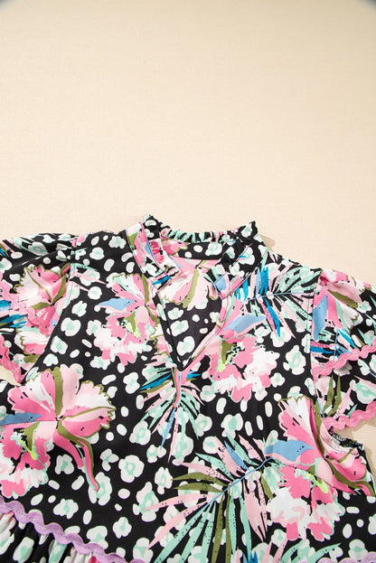 Pink Floral Ricrac Embellished Tiered Mini Dress for Women - Love Salve 