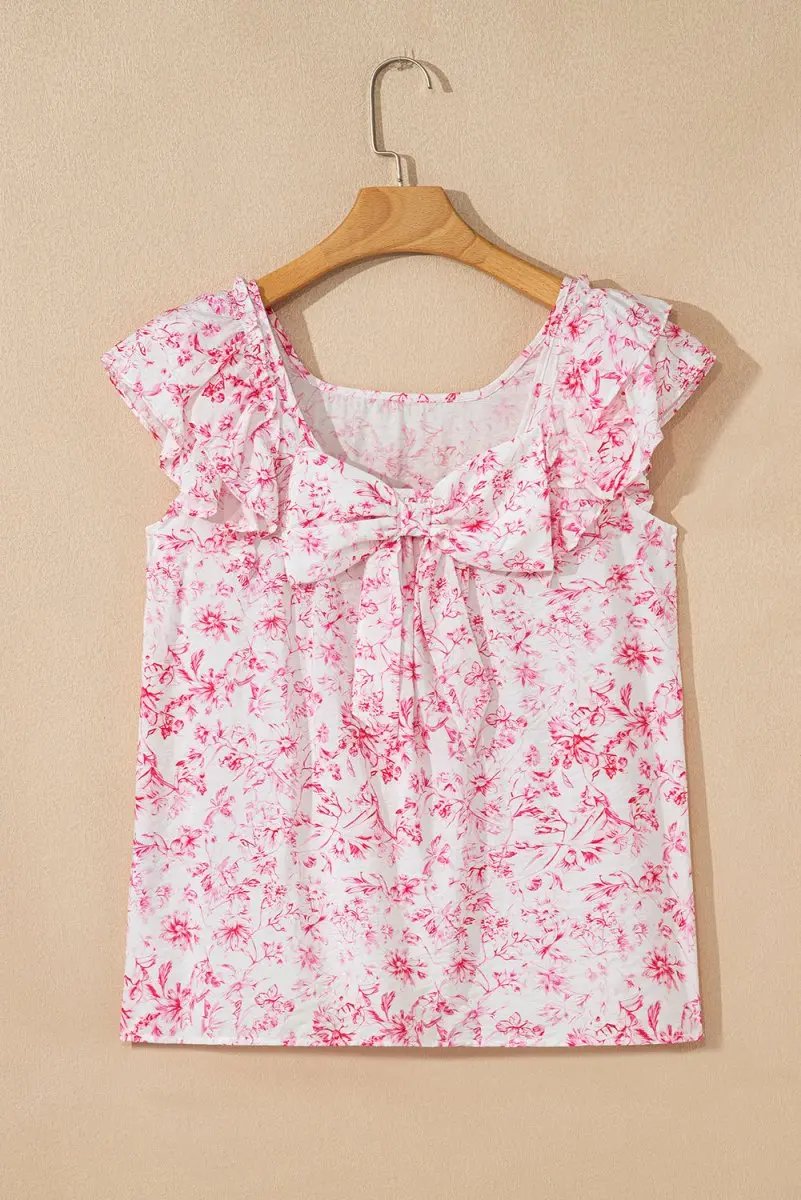 Pink Floral Ruffled Short Sleeve Bow Back Square Neck Blouse - Love Salve 