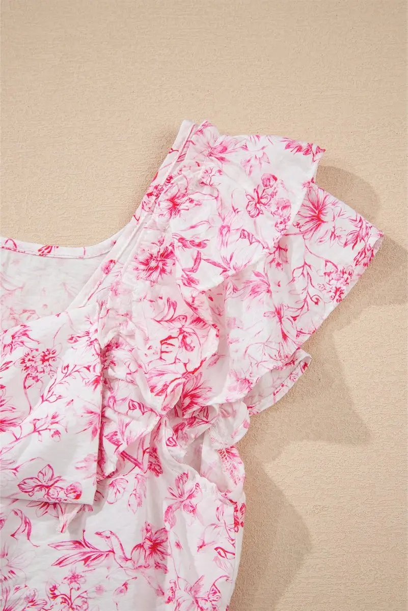 Pink Floral Ruffled Short Sleeve Bow Back Square Neck Blouse - Love Salve 