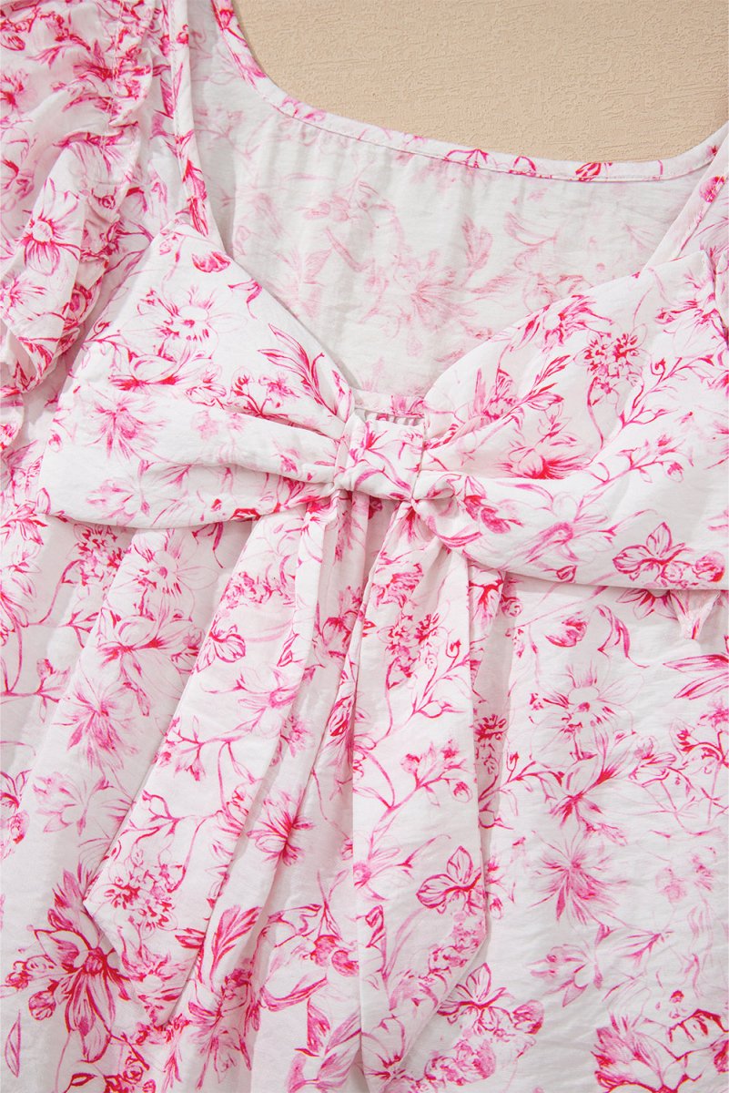 Pink Floral Ruffled Short Sleeve Bow Back Square Neck Blouse - Love Salve 