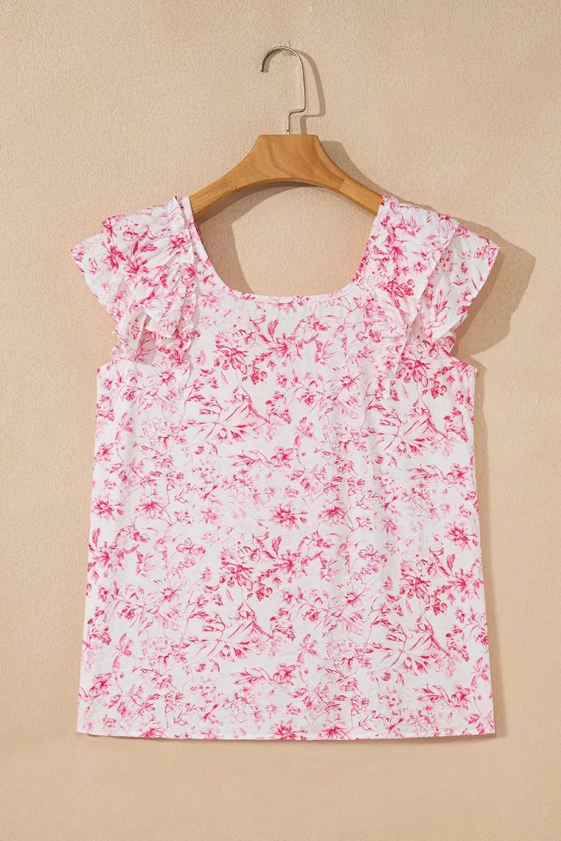 Pink Floral Ruffled Short Sleeve Bow Back Square Neck Blouse - Love Salve 