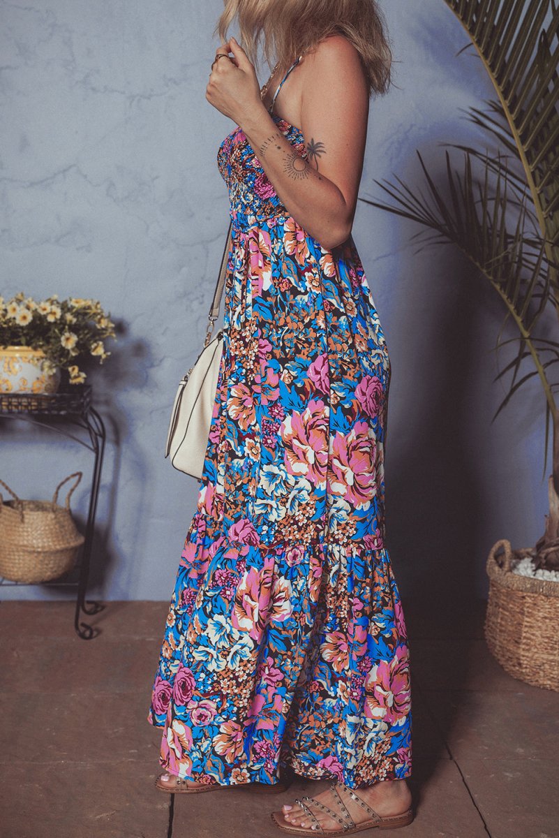 Pink Floral Smocked Bust Spaghetti Straps Jumpsuit - Love Salve