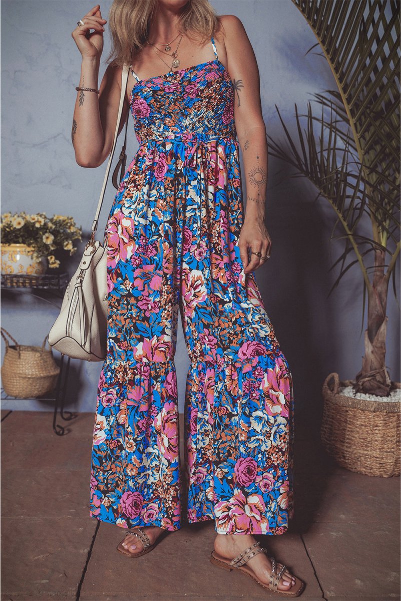 Pink Floral Smocked Bust Spaghetti Straps Jumpsuit - Love Salve