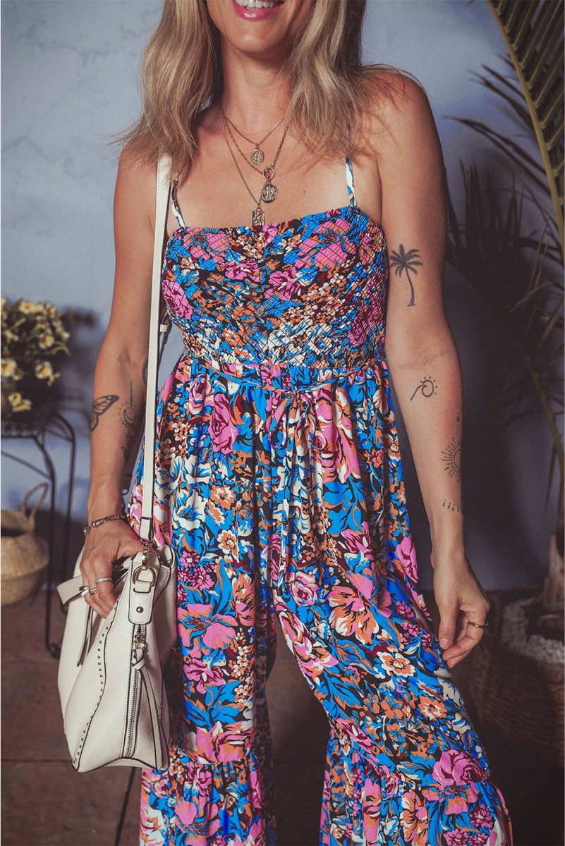 Pink Floral Smocked Bust Spaghetti Straps Jumpsuit - Love Salve