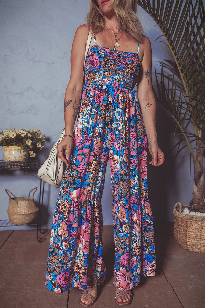 Pink Floral Smocked Bust Spaghetti Straps Jumpsuit - Love Salve