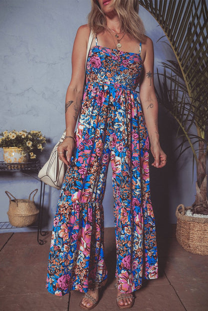 Pink Floral Smocked Bust Spaghetti Straps Jumpsuit - Love Salve