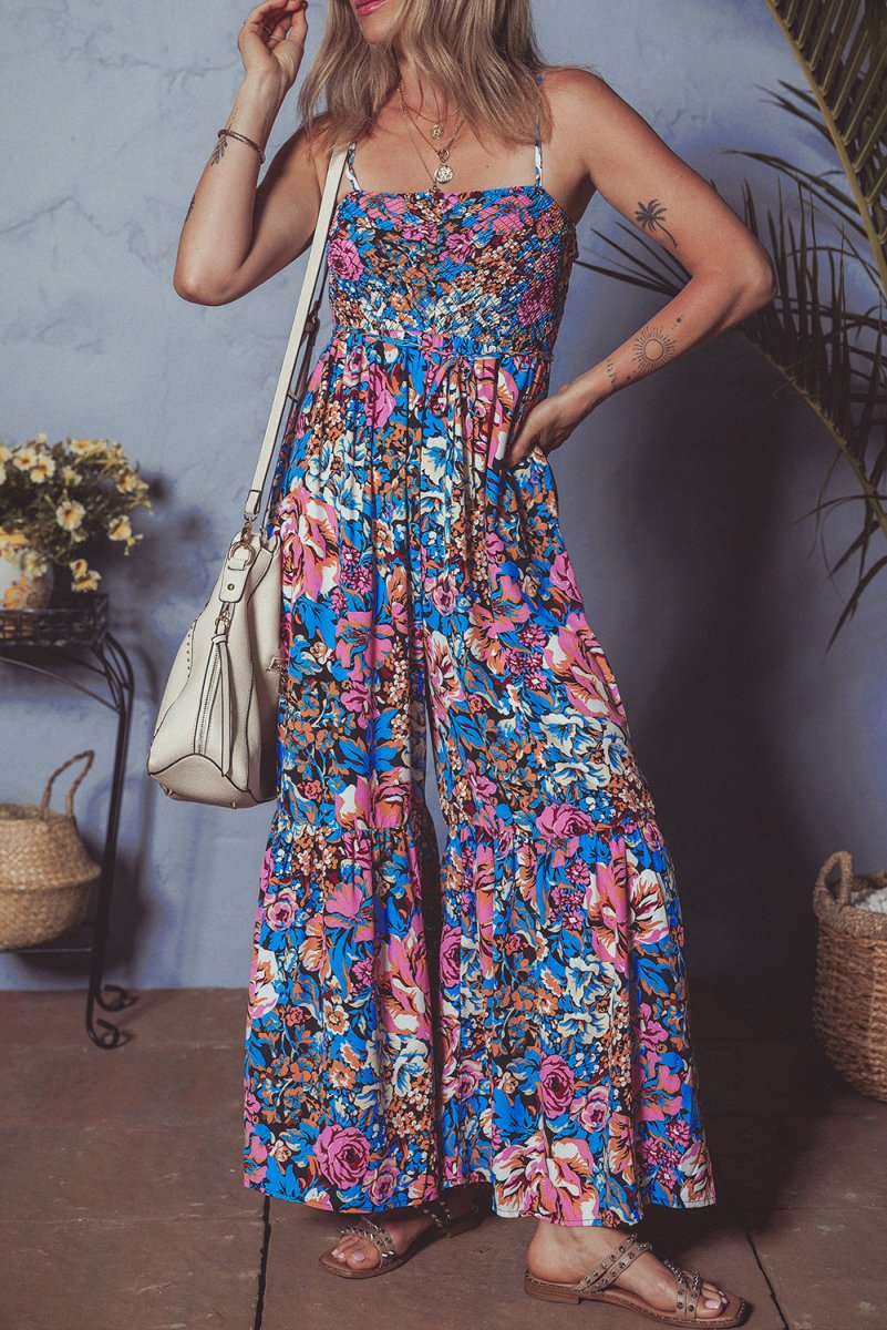Pink Floral Smocked Bust Spaghetti Straps Jumpsuit - Love Salve