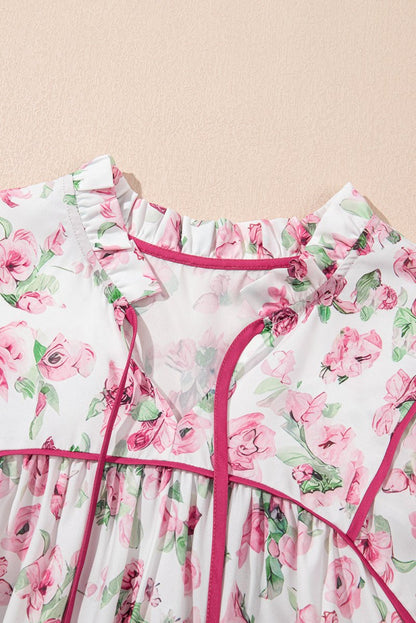 Pink Floral Split Neck Short Sleeve Loose Plus Size Mini Dress - Love Salve