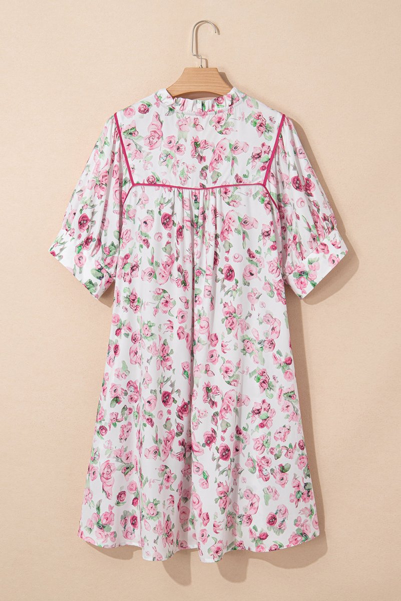 Pink Floral Split Neck Short Sleeve Loose Plus Size Mini Dress - Love Salve