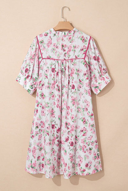 Pink Floral Split Neck Short Sleeve Loose Plus Size Mini Dress - Love Salve
