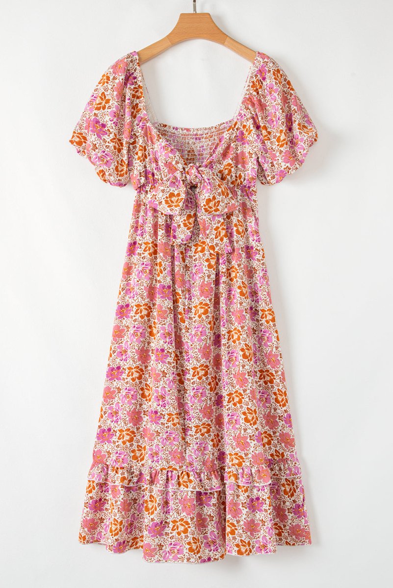 Pink Floral Square Neck Knotted Ruffle Midi Dress for Women - Love Salve 
