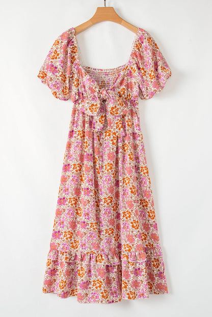 Pink Floral Square Neck Knotted Ruffle Midi Dress for Women - Love Salve 