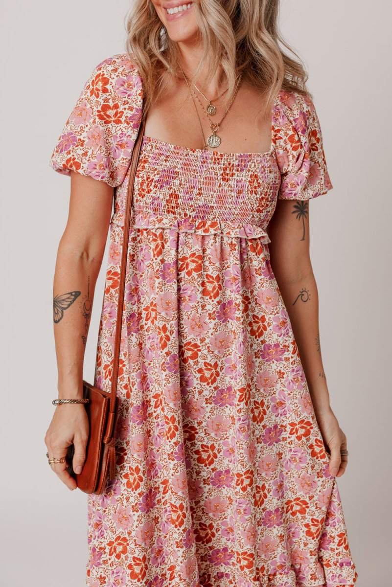 Pink Floral Square Neck Knotted Ruffle Midi Dress for Women - Love Salve 