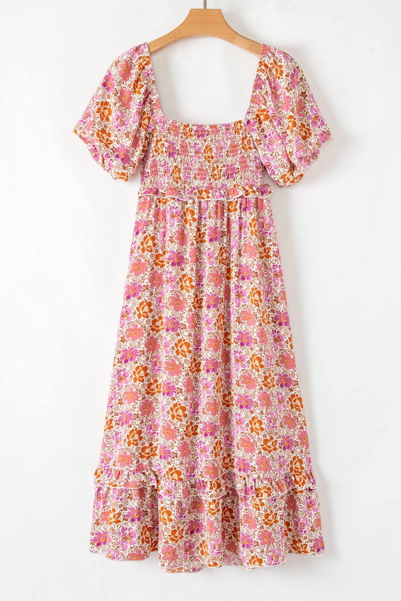 Pink Floral Square Neck Knotted Ruffle Midi Dress for Women - Love Salve 