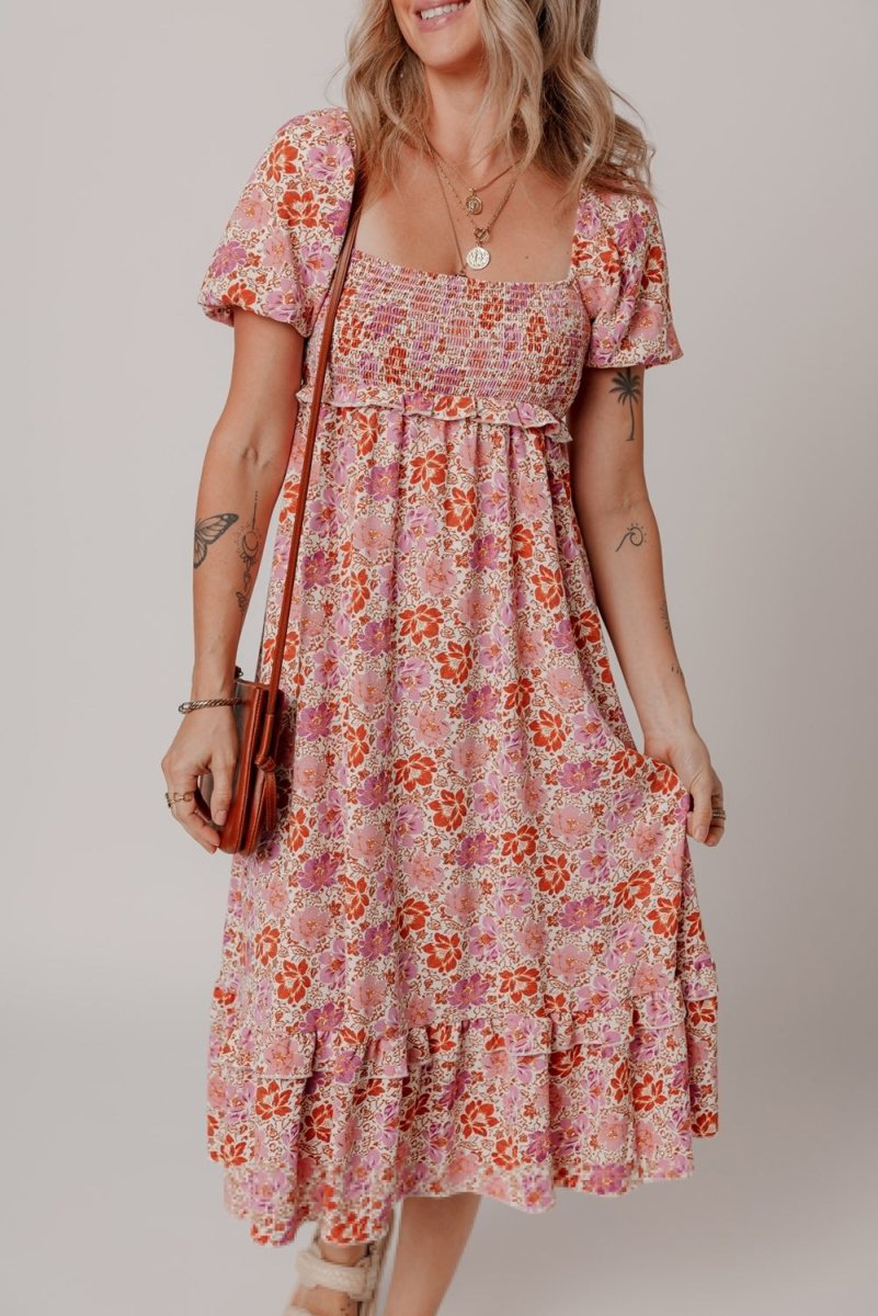 Pink Floral Square Neck Knotted Ruffle Midi Dress for Women - Love Salve 