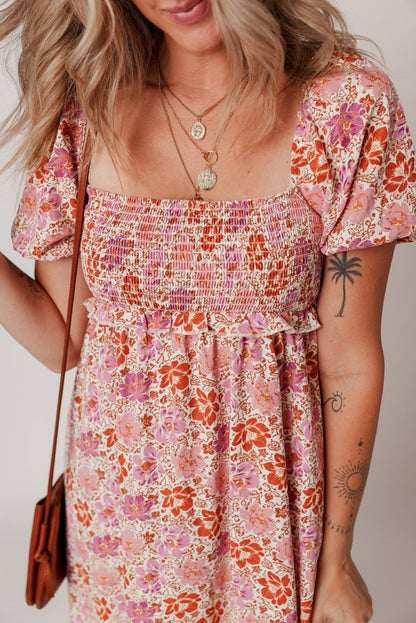 Pink Floral Square Neck Knotted Ruffle Midi Dress for Women - Love Salve 