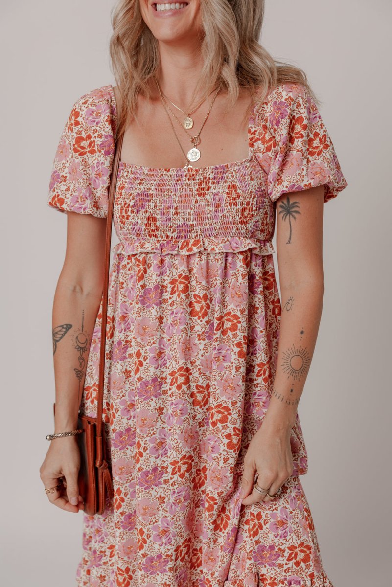 Pink Floral Square Neck Knotted Ruffle Midi Dress for Women - Love Salve 