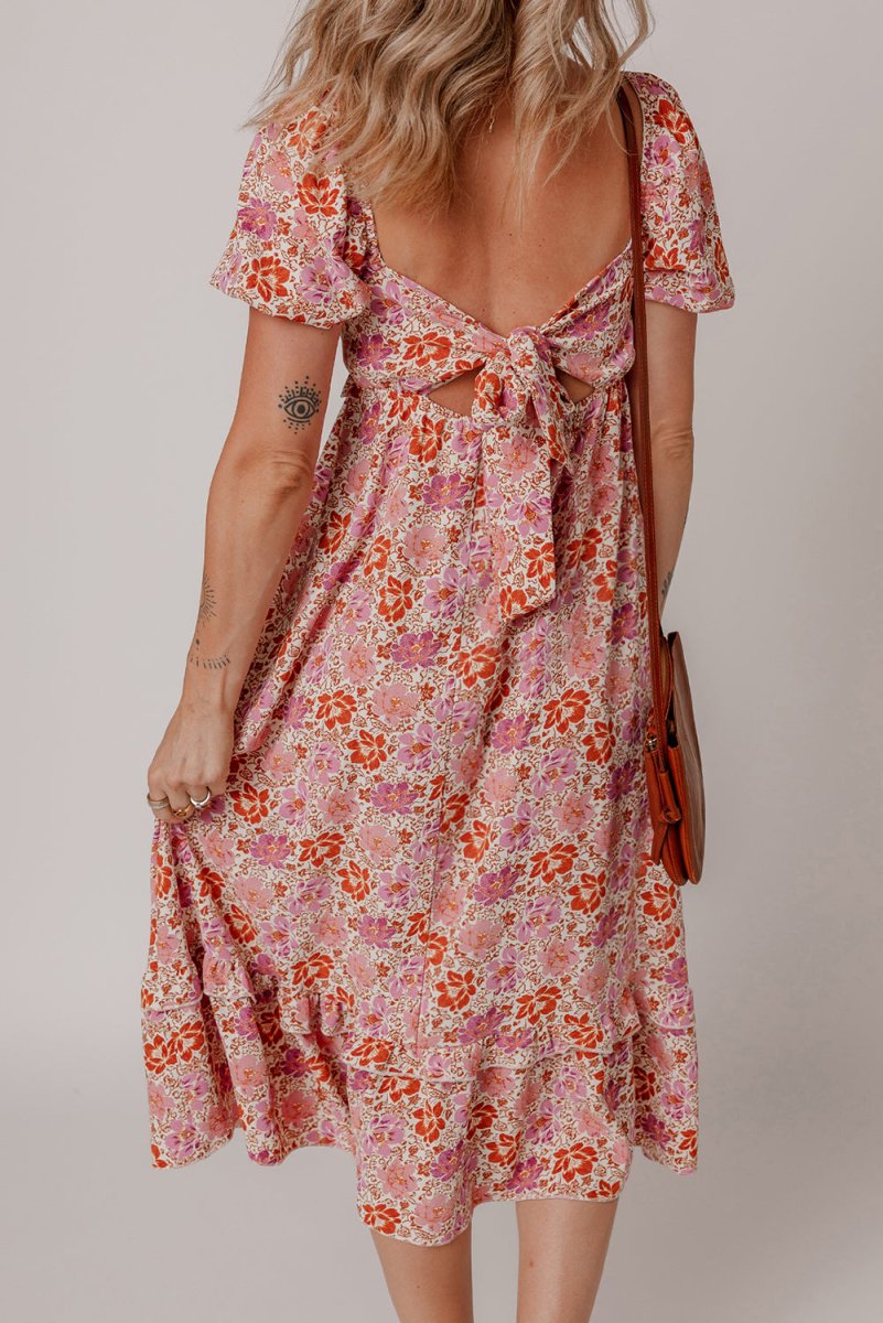 Pink Floral Square Neck Knotted Ruffle Midi Dress for Women - Love Salve 