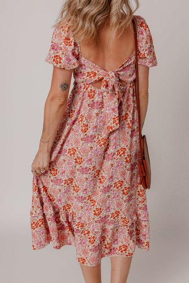 Pink Floral Square Neck Knotted Ruffle Midi Dress for Women - Love Salve 