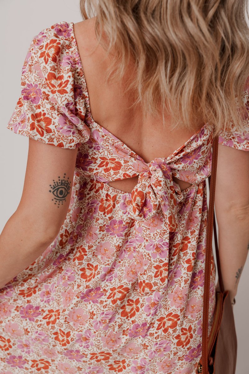 Pink Floral Square Neck Knotted Ruffle Midi Dress for Women - Love Salve 