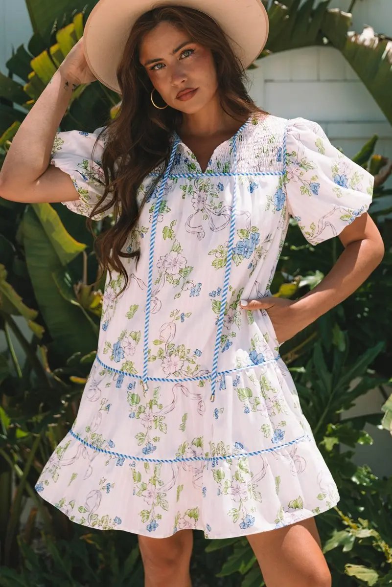 Pink Floral Striped Print Contrast Trim Tie Split Neck Mini Dress - Love Salve 