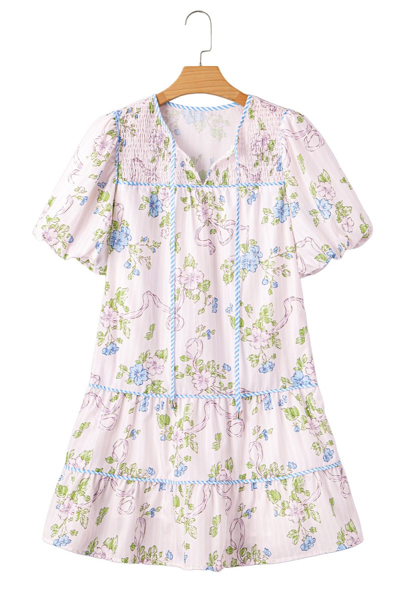 Pink Floral Striped Print Contrast Trim Tie Split Neck Mini Dress - Love Salve 
